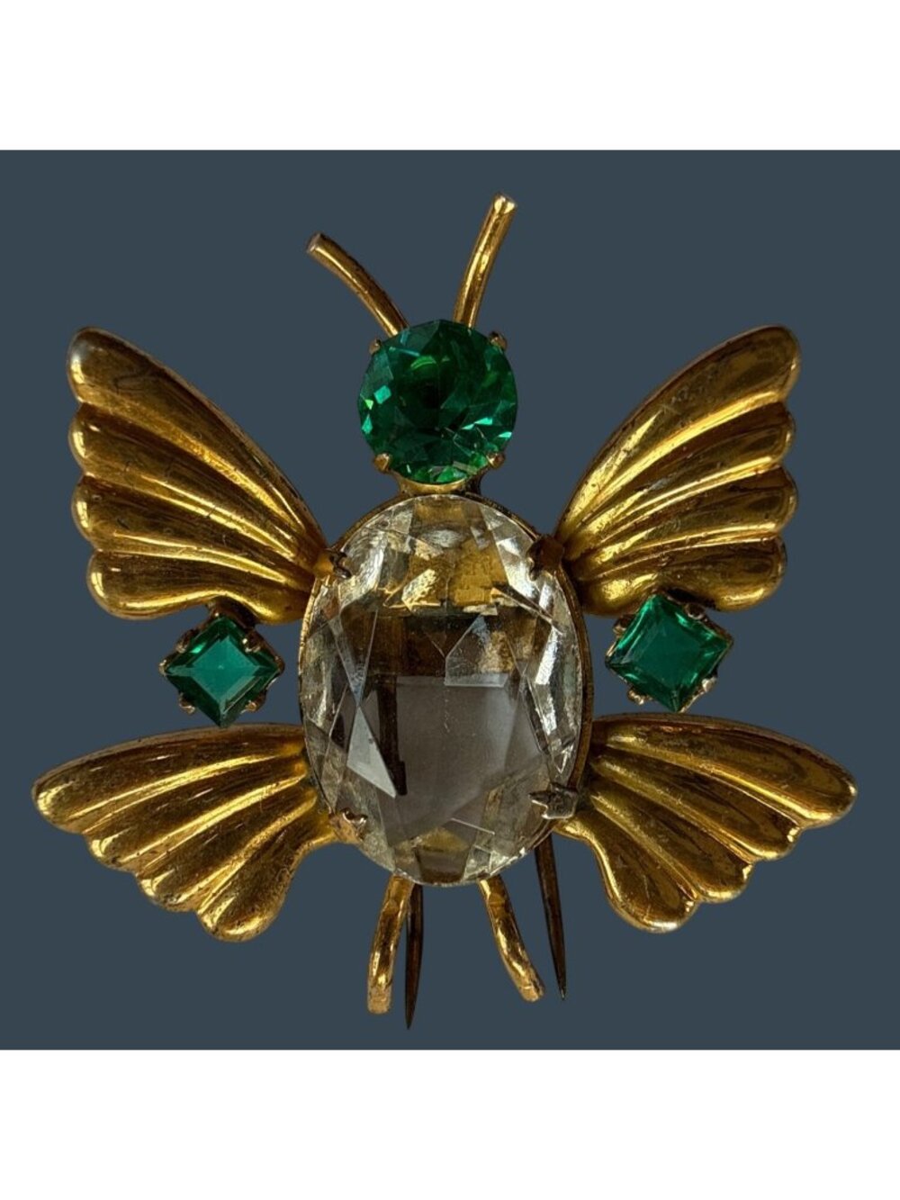 VTG Butterfly Rhinestone Fur Clip Gold Tone, Emerald Green Crystal Insect Bug